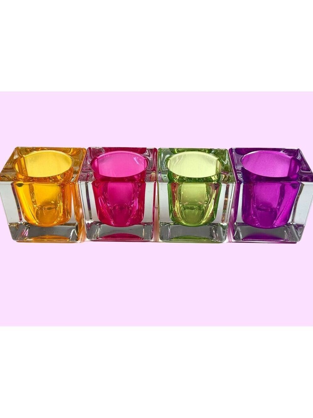 Set of 4 Heavy Glass Cube Tealight Candle Holders Rainbow Colourful Retro Decor